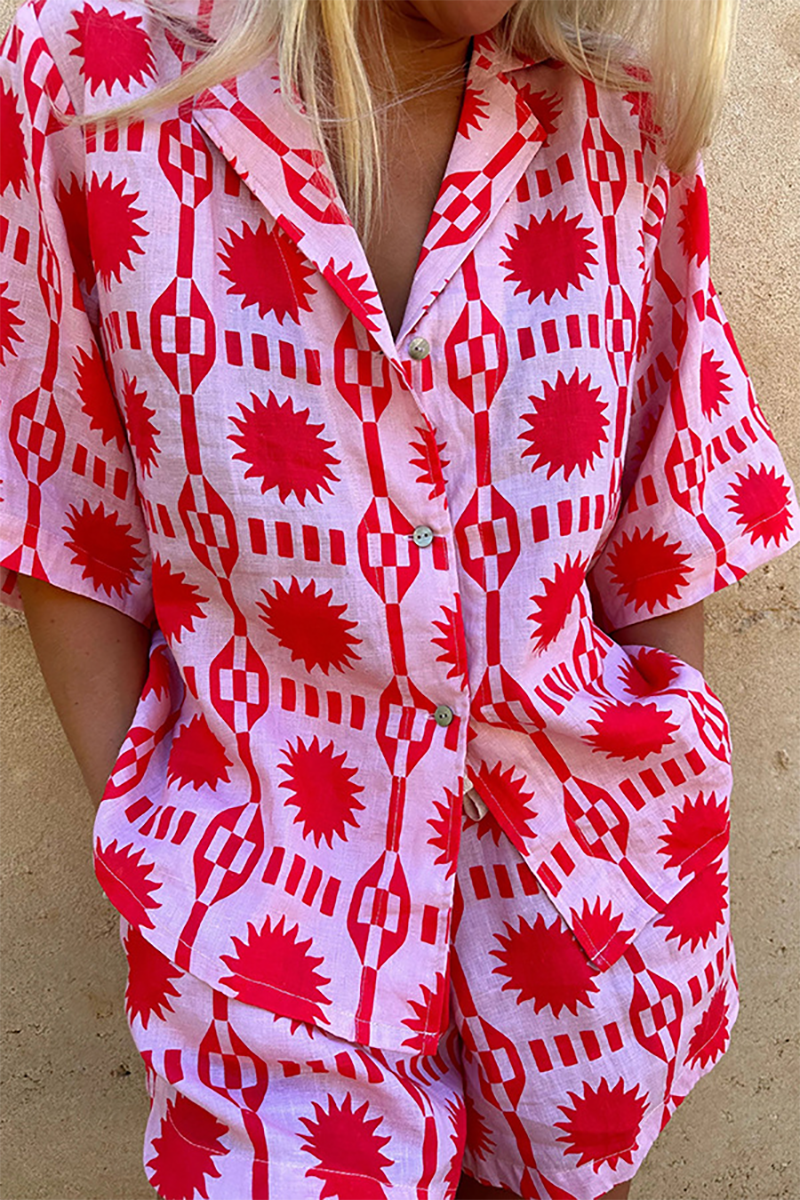 Graphic Print Half Sleeve Blouse Vacation Shorts Matching Set-Pink-Hayhty.All Rights Reserved.