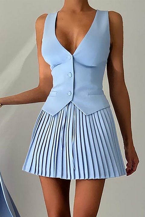 Deep V Neck Cinch Waist Waistcoat Pleated Mini Skirt Matching Set-Blue-Hayhty.All Rights Reserved.