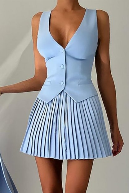 Deep V Neck Cinch Waist Waistcoat Pleated Mini Skirt Matching Set-Blue-Hayhty.All Rights Reserved.