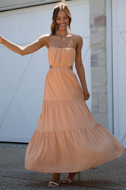 Ruched Cut Out Tiered Hem Vacation Slip Maxi Dress-Hayhty.All Rights Reserved.