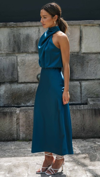 Turtleneck Sleeveless Satin Midi Dresses-Hayhty.All Rights Reserved.