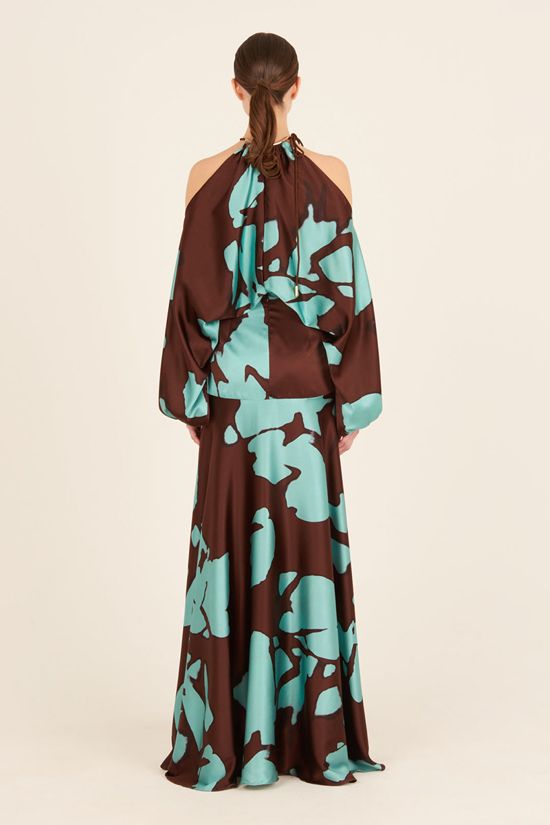 Cold Shoulder Halter Lantern Long Sleeve Cinch Waist Colorblock Maxi Dresses-Hayhty.All Rights Reserved.