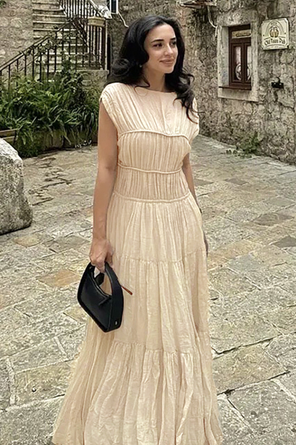 Sleeveless Ruched A-Line Flowy Maxi Dresses-Beige-Hayhty.All Rights Reserved.