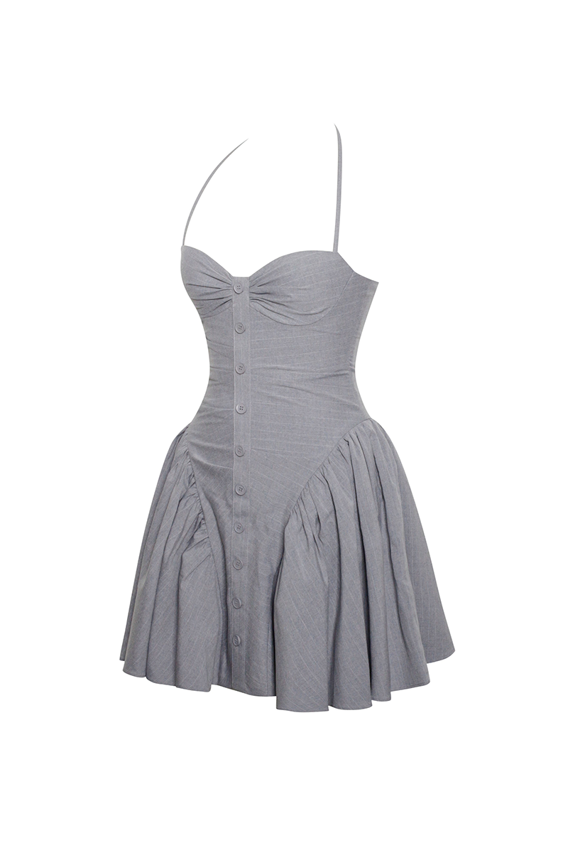 Cinch Waist Button Up Pleated Hem Halter Mini Dresses-Grey-Hayhty.All Rights Reserved.