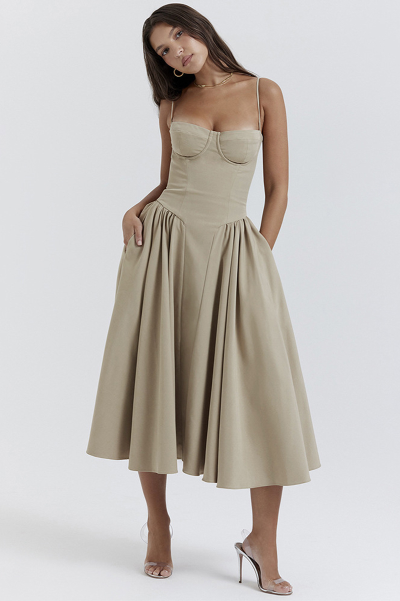Elegant Cinch Waist Pleated Formal Party Slip Midi Dresses-Beige-Hayhty.All Rights Reserved.