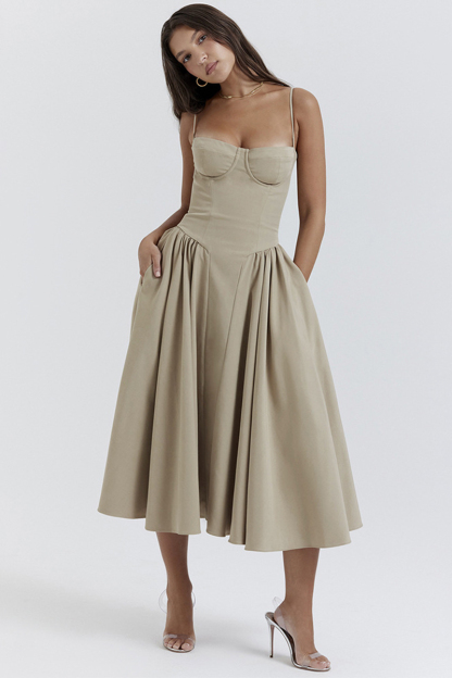 Elegant Cinch Waist Pleated Formal Party Slip Midi Dresses-Beige-Hayhty.All Rights Reserved.