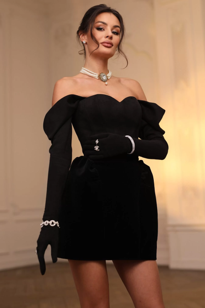 Off Shoulder Long Sleeve Velvet Formal Party Mini Dresses-Black-Hayhty.All Rights Reserved.