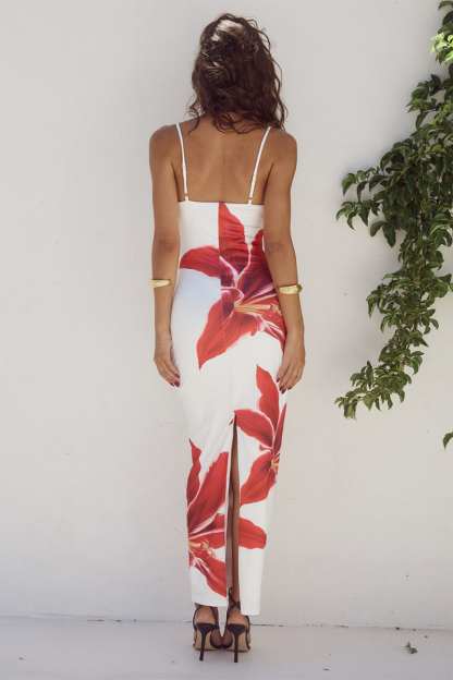 Floral Print Slim Fit Spaghetti Strap Maxi Dresses-White-Hayhty.All Rights Reserved.