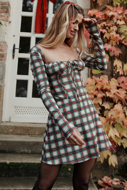 Long Sleeve Square Neck Lace Up Plaid Print Mini Dresses-Red-Hayhty.All Rights Reserved.