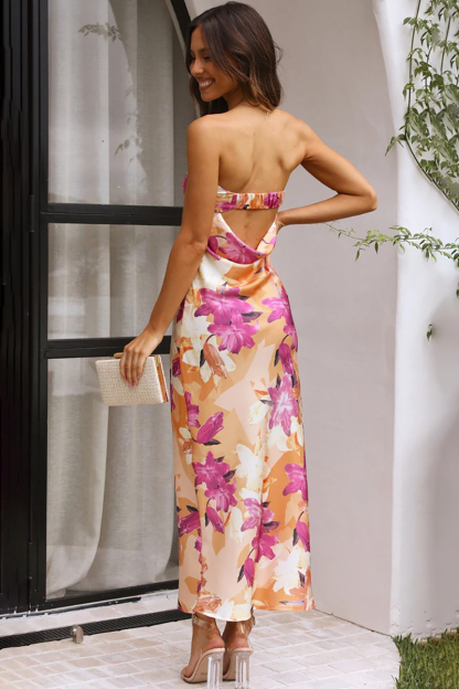 Floral Print Strapless Cut Out Flowy Satin Vacation Maxi Dresses-Hayhty.All Rights Reserved.