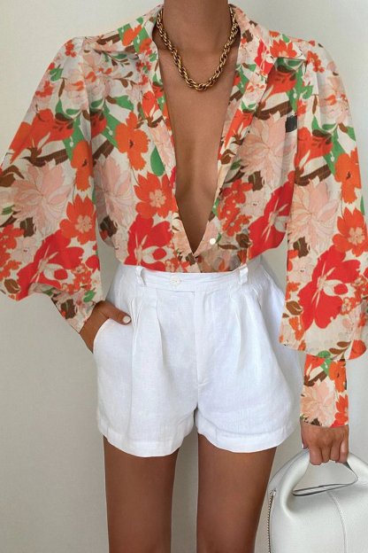 Print Sheer Puff Sleeves Blouse-Hayhty.All Rights Reserved.