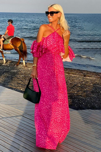 Halter Off Shoulder Ruffle Leopard Print Vacation Maxi Dresses-Hayhty.All Rights Reserved.