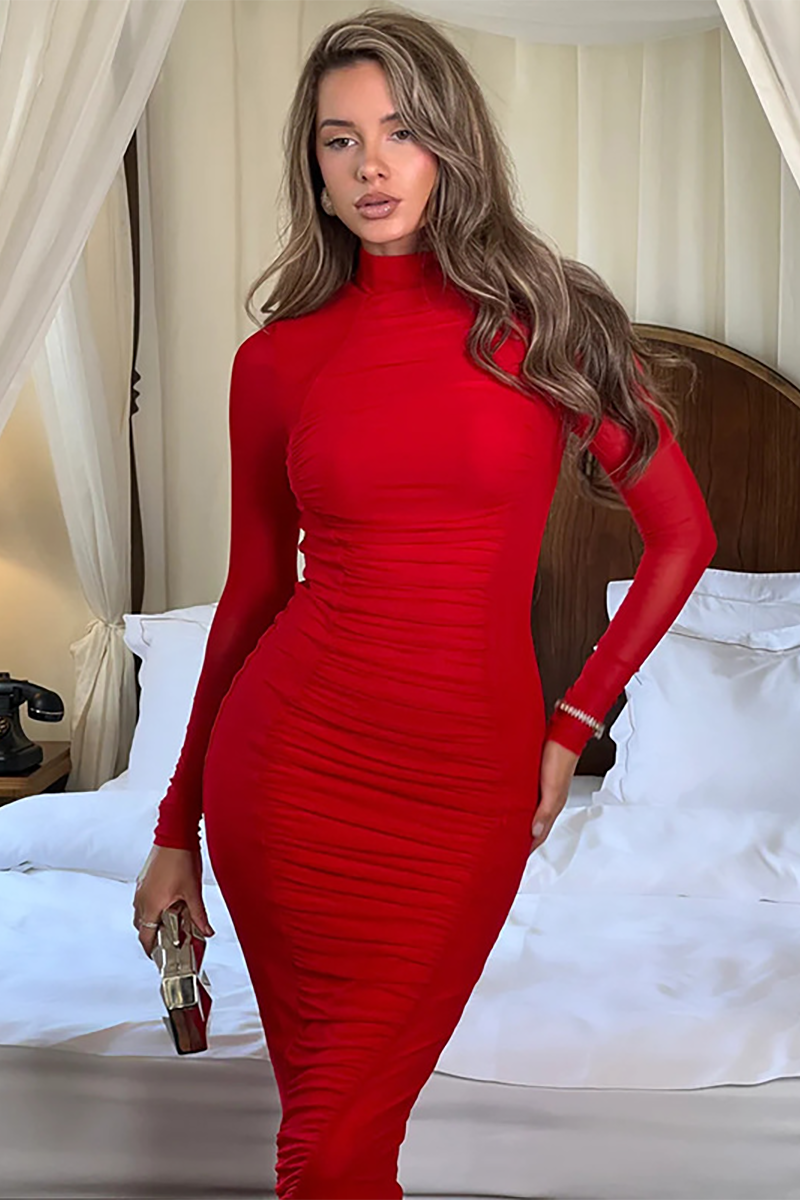 Ruched Stand Collar Long Sleeve Slim Fit Maxi Dresses-Grey-Hayhty.All Rights Reserved.