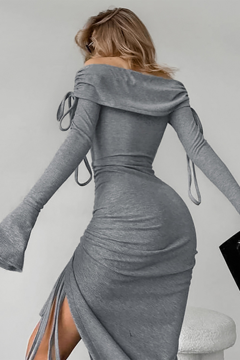 Off Shoulder Flare Sleeve Ruched Slit Knit Irregular Midi Dresses-Grey-Hayhty.All Rights Reserved.