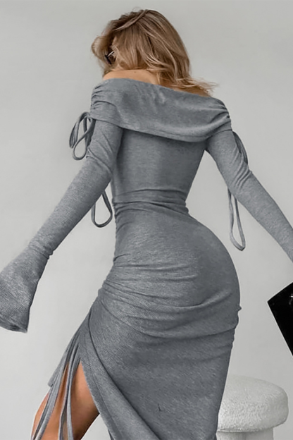 Off Shoulder Flare Sleeve Ruched Slit Knit Irregular Midi Dresses-Grey-Hayhty.All Rights Reserved.
