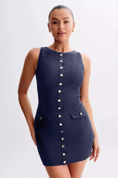 Round Neck Button Up Bodycon Knit Mini Tank Dresses-Navy-Hayhty.All Rights Reserved.
