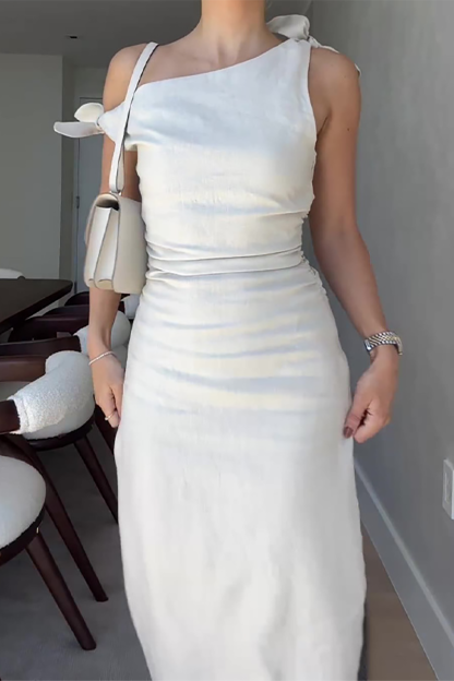 Skew Neck One Shoulder Tie Up Slim Fit Solid Color Midi Dresses-White-Hayhty.All Rights Reserved.