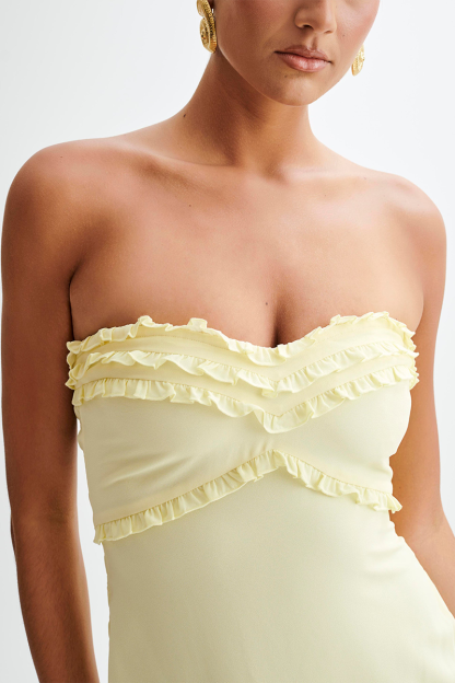 Frilled Strapless Slim Fit Pleated Fishtail Maxi Dresses-Yellow Pre Order