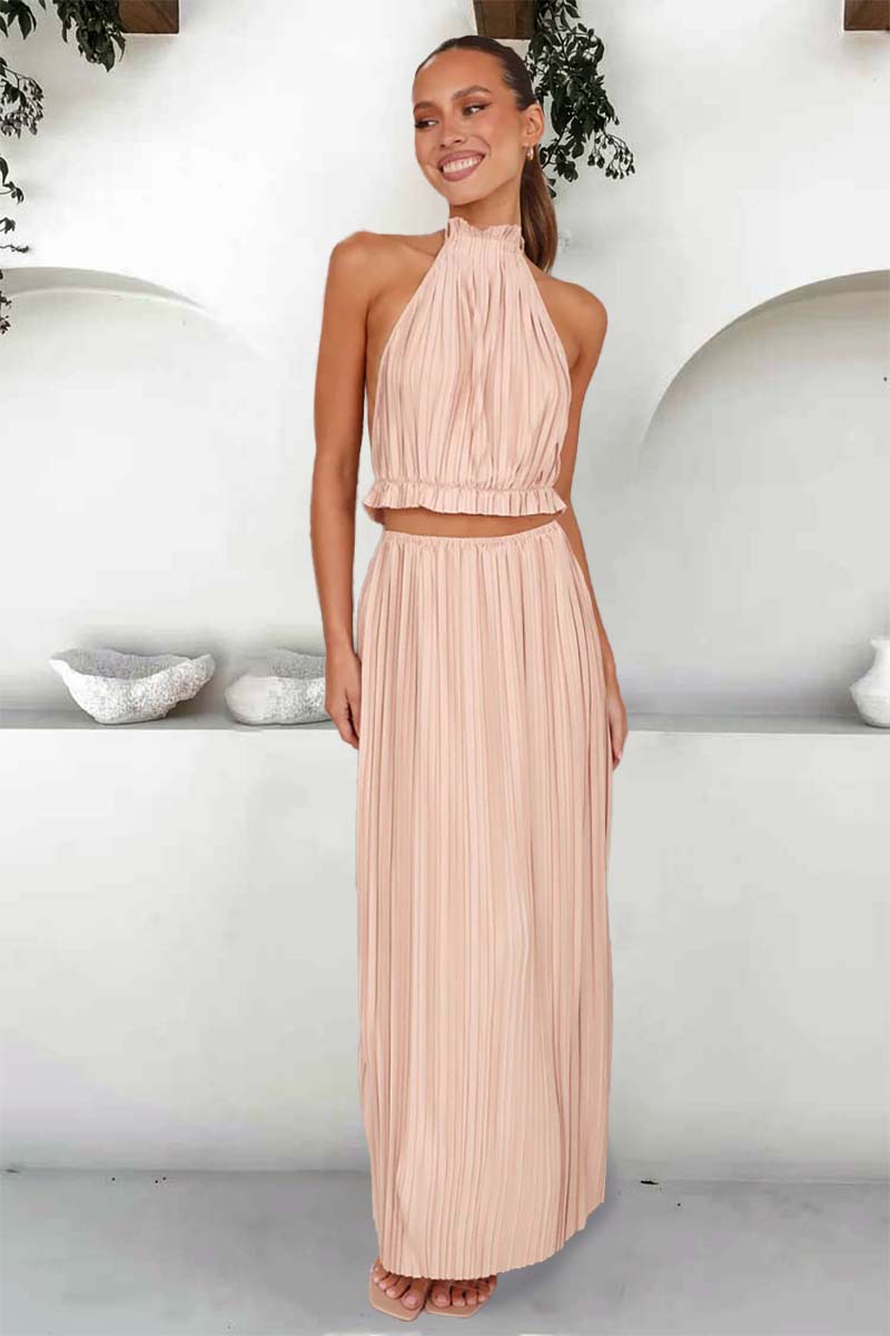 Tied Up Halter Neck Backless Crop Top Slit Maxi Skirt Pleated Slim Matching Sets-Hayhty.All Rights Reserved.