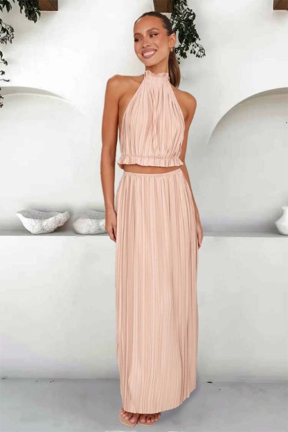 Tied Up Halter Neck Backless Crop Top Slit Maxi Skirt Pleated Slim Matching Sets-Hayhty.All Rights Reserved.