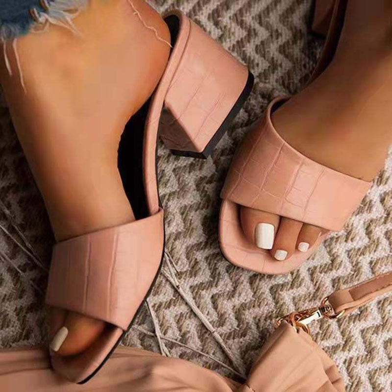PU Leather Open Square Toe Slippers Chunky Heels - White-Hayhty.All Rights Reserved.