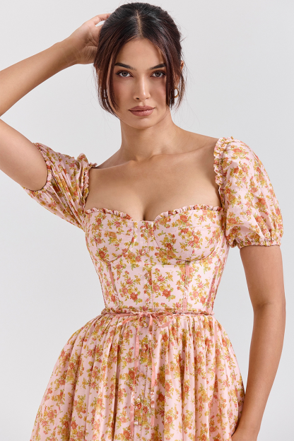 Floral Print Puff Sleeve Cinch Waist Colorblock Midi Dresses-Orange-Hayhty.All Rights Reserved.