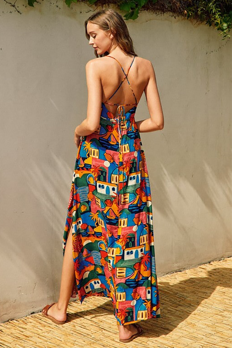 Multicolor Pattern Deep V Neck Backless Slip Maxi Dresses-Red-Hayhty.All Rights Reserved.