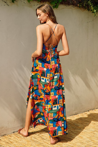 Multicolor Pattern Deep V Neck Backless Slip Maxi Dresses-Red-Hayhty.All Rights Reserved.