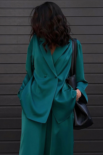 V Neck Long Sleeve Loose Fit Blazer Satin Wide Leg Pants Matching Set-Green-Hayhty.All Rights Reserved.