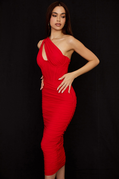 One Shoulder Front Cut Out Corset Ruched Party Midi Dresses-Hayhty.All Rights Reserved.