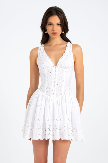 V Neck Cinch Waist Hollow Out Pattern Mini Tank Dresses-White-Hayhty.All Rights Reserved.