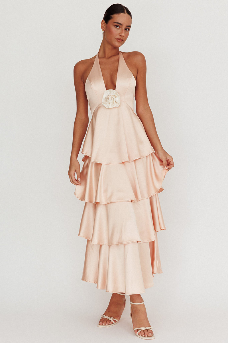 Tiered Ruffled Hem 3D Flower Decor Halter Midi Dresses-Champagne-Hayhty.All Rights Reserved.