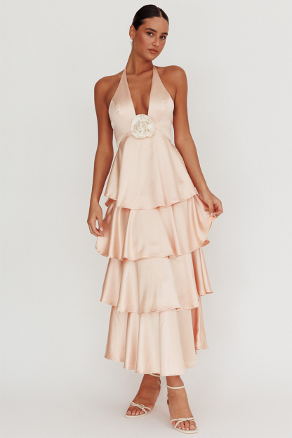 Tiered Ruffled Hem 3D Flower Decor Halter Midi Dresses-Champagne-Hayhty.All Rights Reserved.