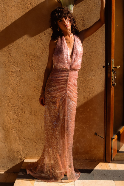 Halter Neck Backless Ruched Glittering Sequin Maxi Dresses-Pink-Hayhty.All Rights Reserved.