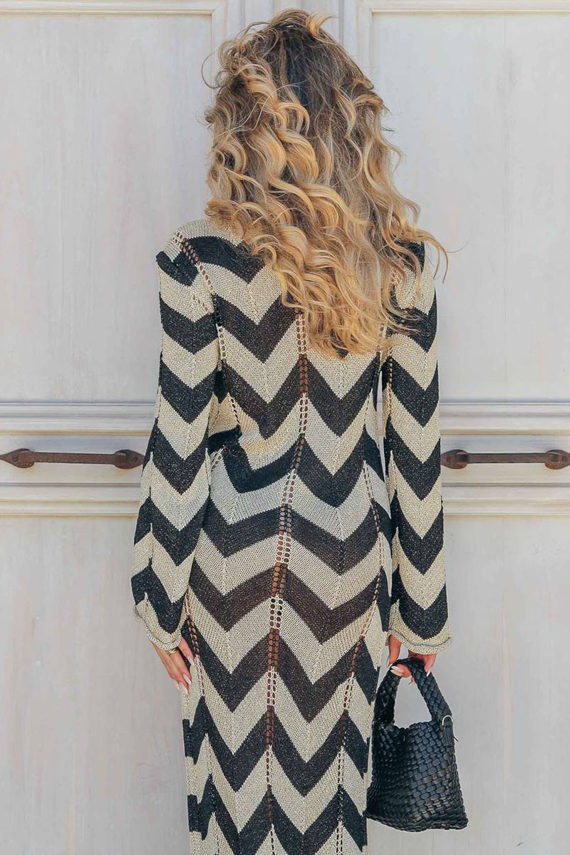 Colorblock Wavy Crochet Long Sleeve Vacation Cover-Up Maxi Dresses-Black-Hayhty.All Rights Reserved.