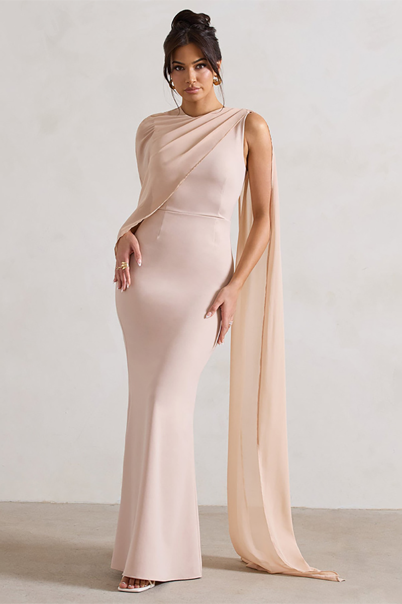 Mesh Patchwork Asymmetrical Caped Sleeve Bodycon Gowns Maxi Dresses-Beige-Hayhty.All Rights Reserved.