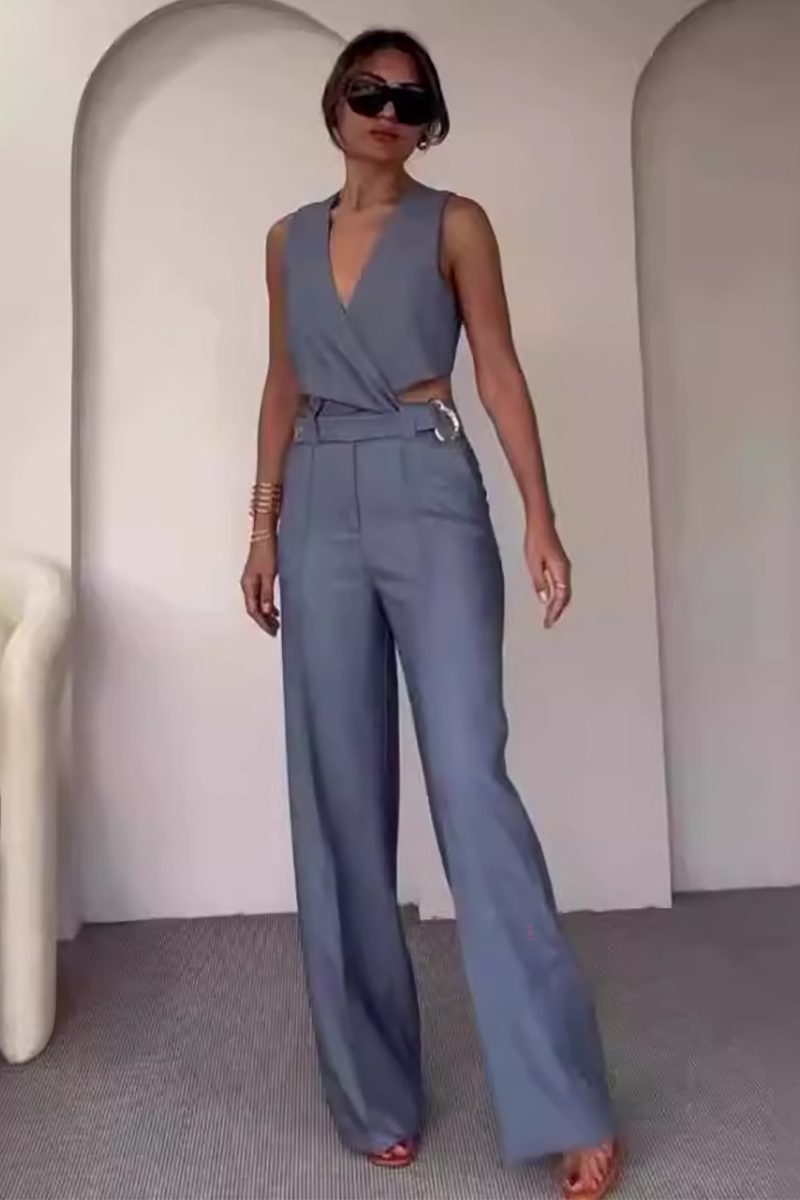 V Neck Metal Decor Crop Vest Wide Leg Pants Matching Set-White-Hayhty.All Rights Reserved.