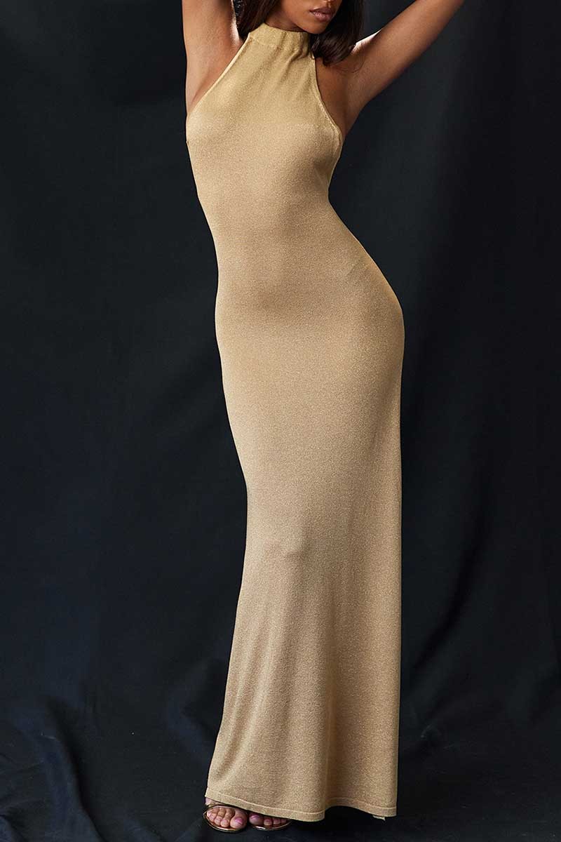 Stand Collar Backless High Slit Party Maxi Dresses-Khaki-Hayhty.All Rights Reserved.