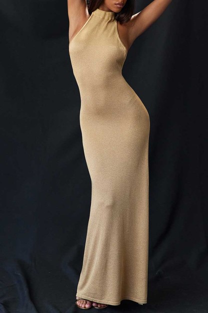 Stand Collar Backless High Slit Party Maxi Dresses-Khaki-Hayhty.All Rights Reserved.