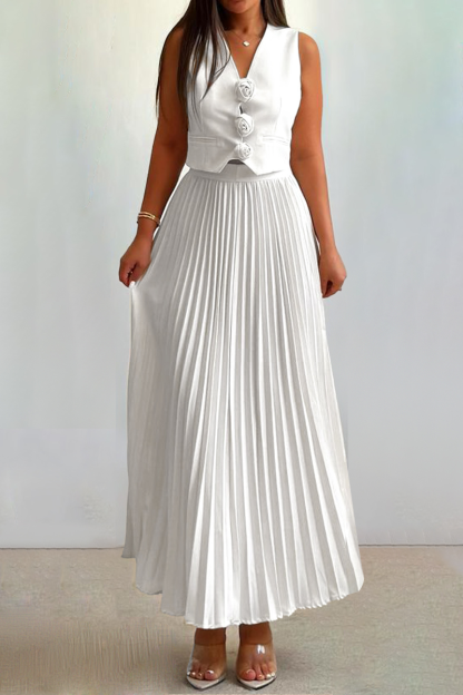 3D Flower Decor V Neck Vest Pleated Maxi Skirt Matching Set-White-Hayhty.All Rights Reserved.