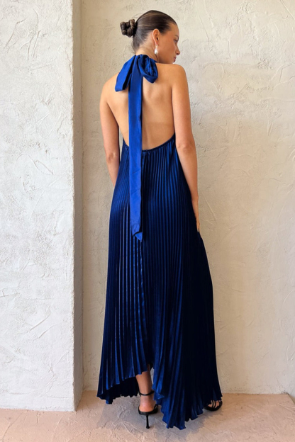 Halter Tied Up Cutout Neck Pleated Backless Asymmetric Hem Wedding Guest Maxi Dresses-Hayhty.All Rights Reserved.