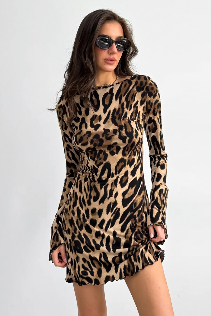 Leopard Print Long Sleeve Backless Slim Fit Mini Dresses-Brown-Hayhty.All Rights Reserved.