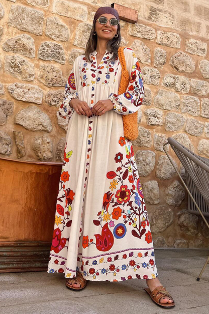 Long Sleeve Notched V Collar Floral Print Vacation Maxi Dresses-Hayhty.All Rights Reserved.