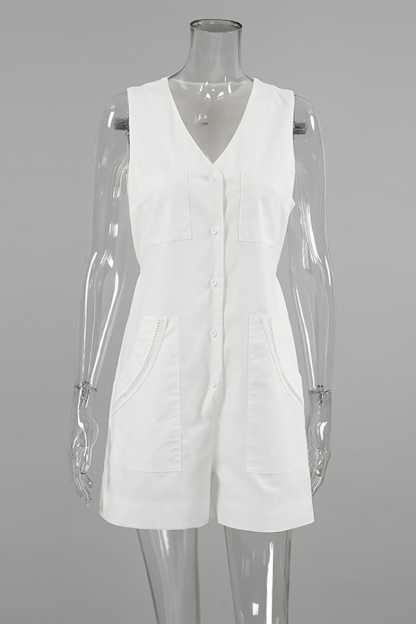 Solid Color Sleeveless V Neck Button Up Pocket Casual Playsuit Romper-White-Hayhty.All Rights Reserved.