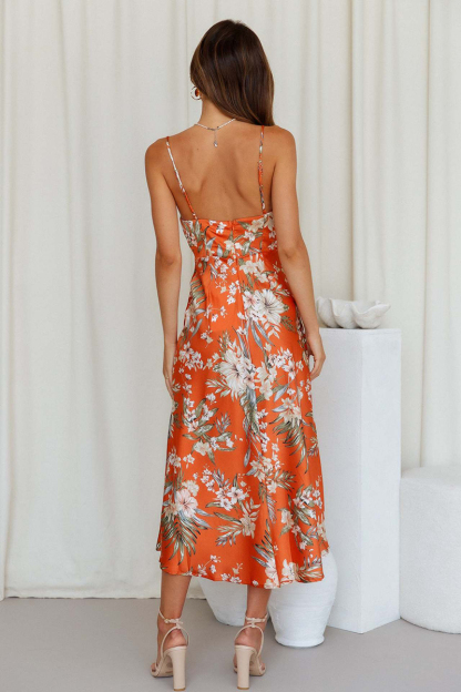 Vacation Cami Boat Neck Floral Print Slit Satin Vacation Midi Dress-Hayhty.All Rights Reserved.