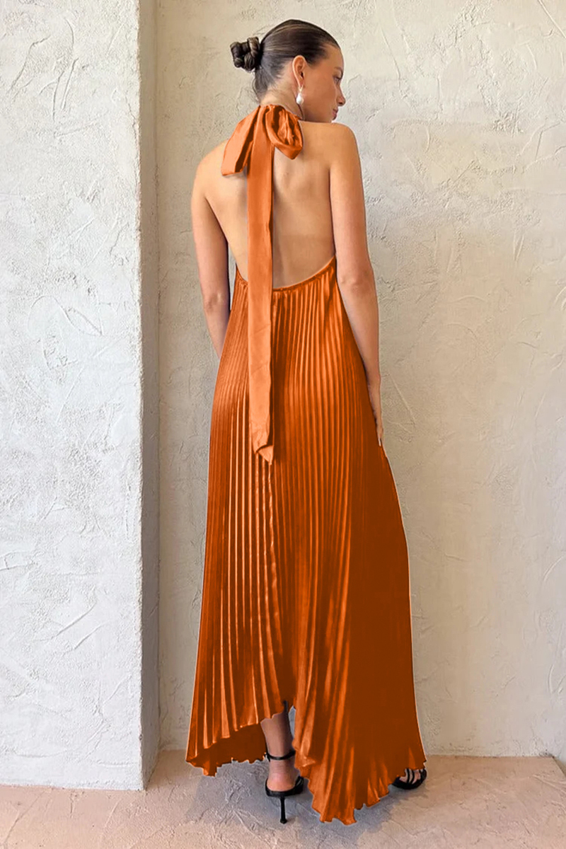Halter Tied Up Cutout Neck Pleated Backless Asymmetric Hem Wedding Guest Maxi Dresses-Hayhty.All Rights Reserved.