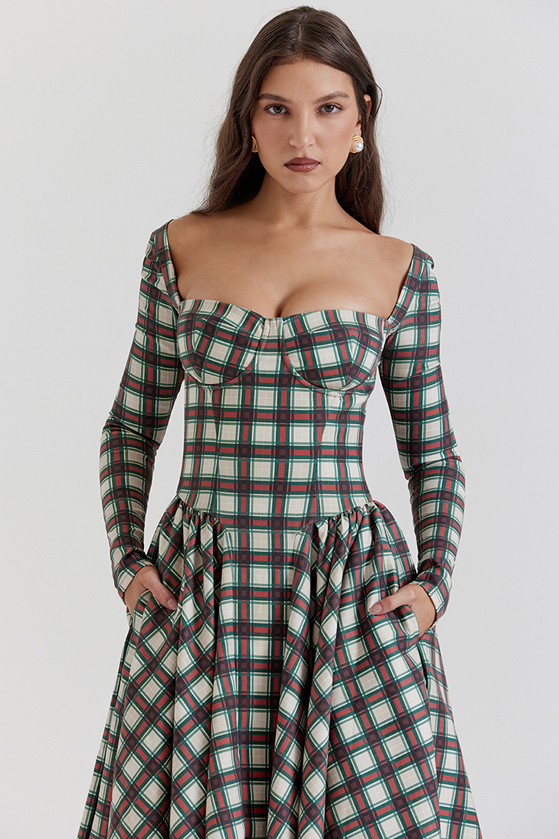 Plaid Pattern Long Sleeve Corset A-Line Pleated Midi Dresses-Red-Hayhty.All Rights Reserved.