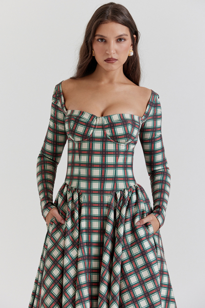 Plaid Pattern Long Sleeve Corset A-Line Pleated Midi Dresses-Red-Hayhty.All Rights Reserved.