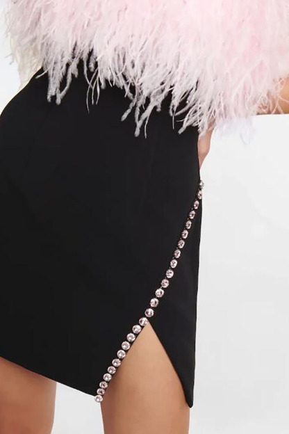 Feather Strapless Slim Fit Rhinestone Trim Slit Cocktail Party Mini Dresses-Black-Hayhty.All Rights Reserved.