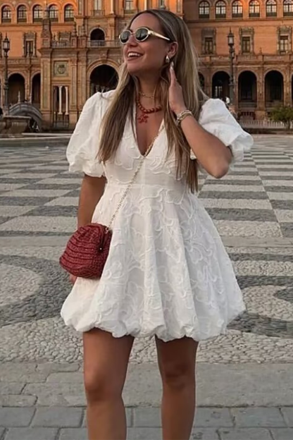 Deep V Neck Puff Sleeve Embroidery A-Line Bubbled Hem Mini Dresses-White-Hayhty.All Rights Reserved.